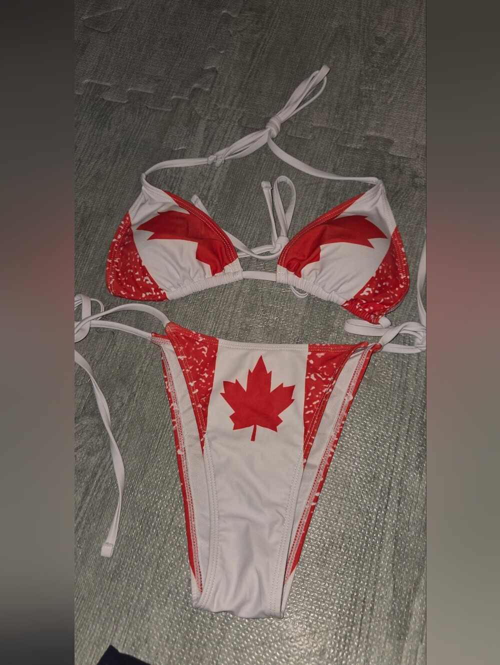 NWOT Red & White Canada Flag Triangle Bikini Top and Tie-Side Bottoms Size M
